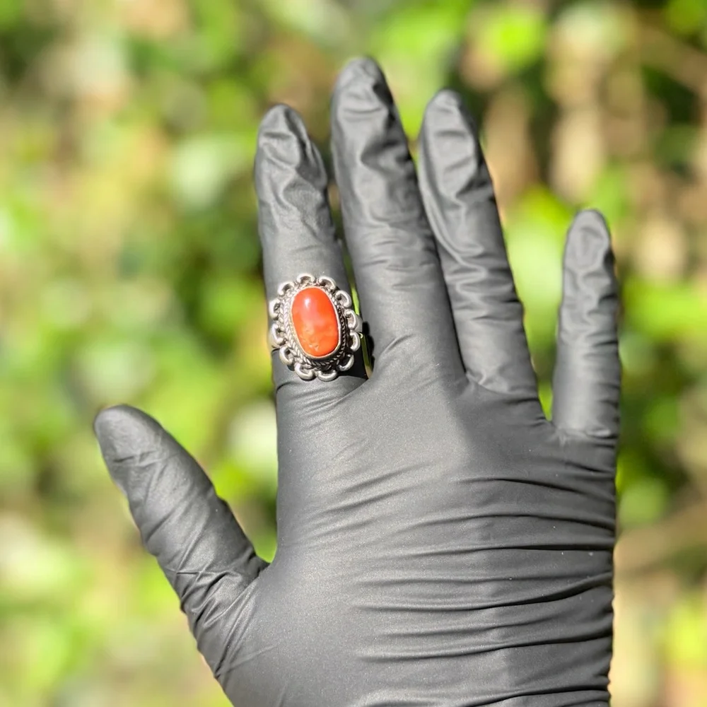 Vintage Coral Ring with Silver Setting